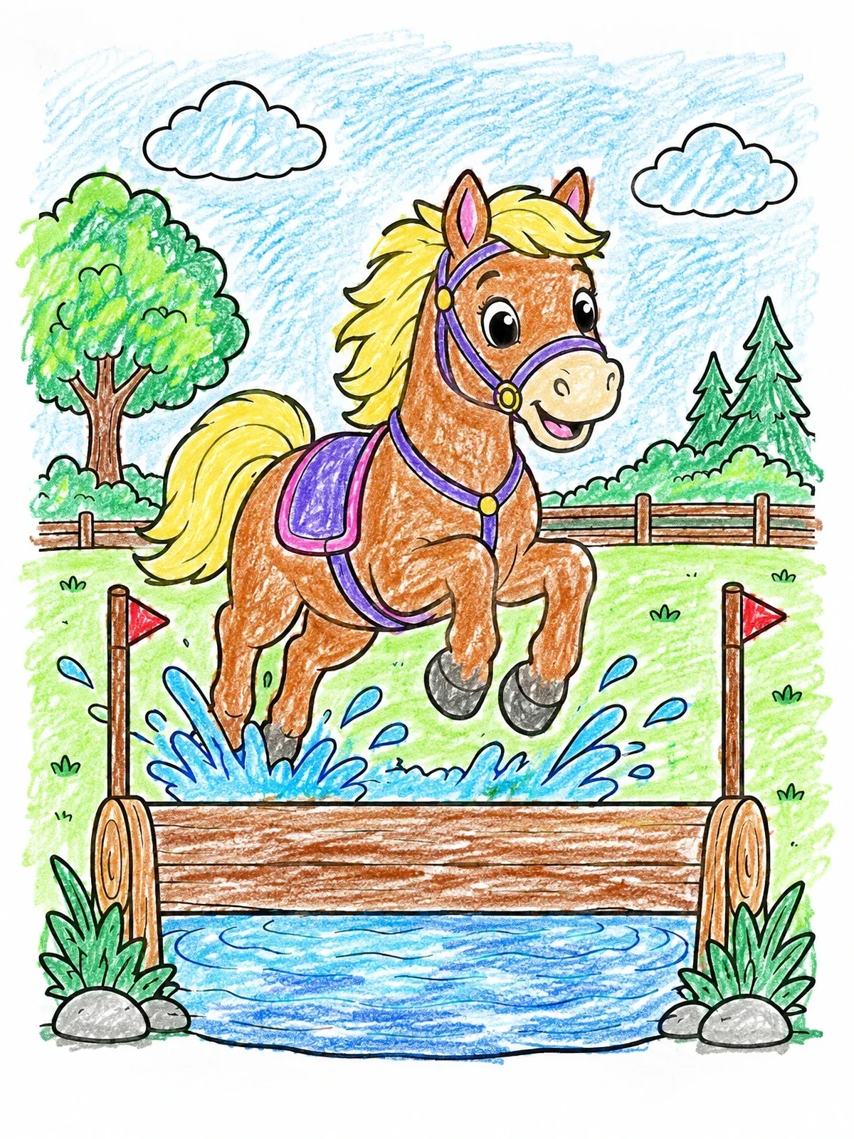 Colored example of the Cute Pony Jumping Water Obstacle coloring page