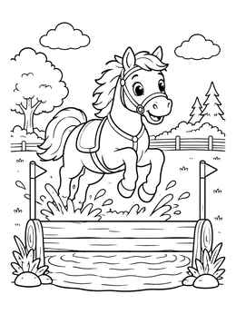 Free printable Cute Pony Jumping Water Obstacle coloring page