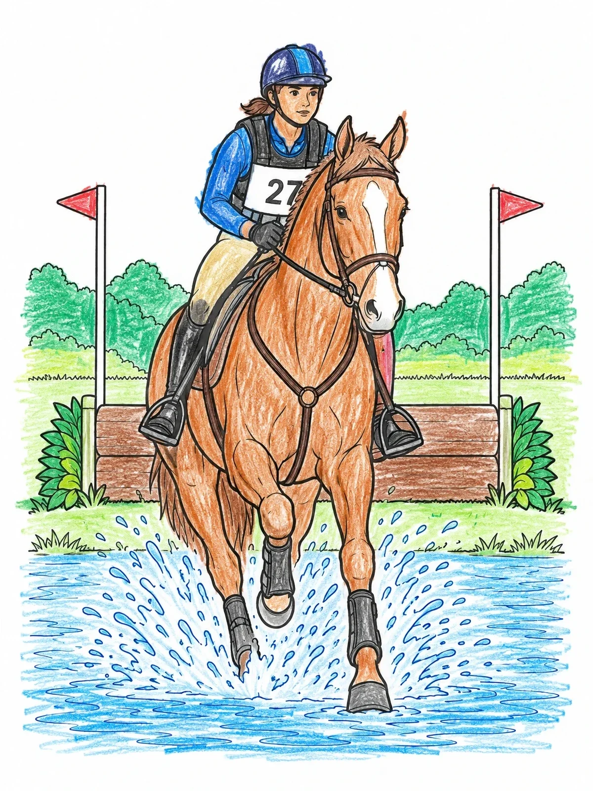 Colored example of the Eventing Rider Galloping Through Water coloring page