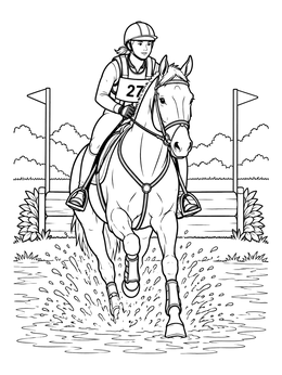 Free printable Eventing Rider Galloping Through Water coloring page