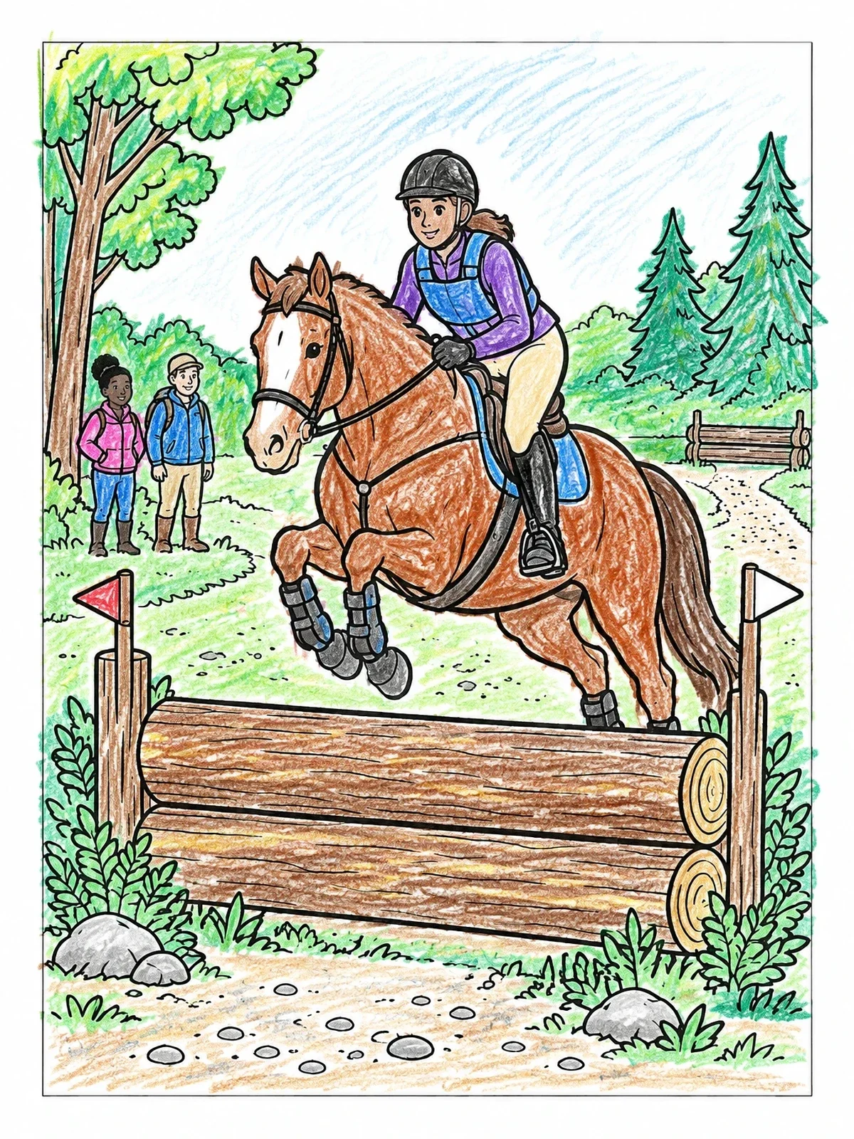 Colored example of the Horse Jumping Over Wooden Log Obstacle coloring page