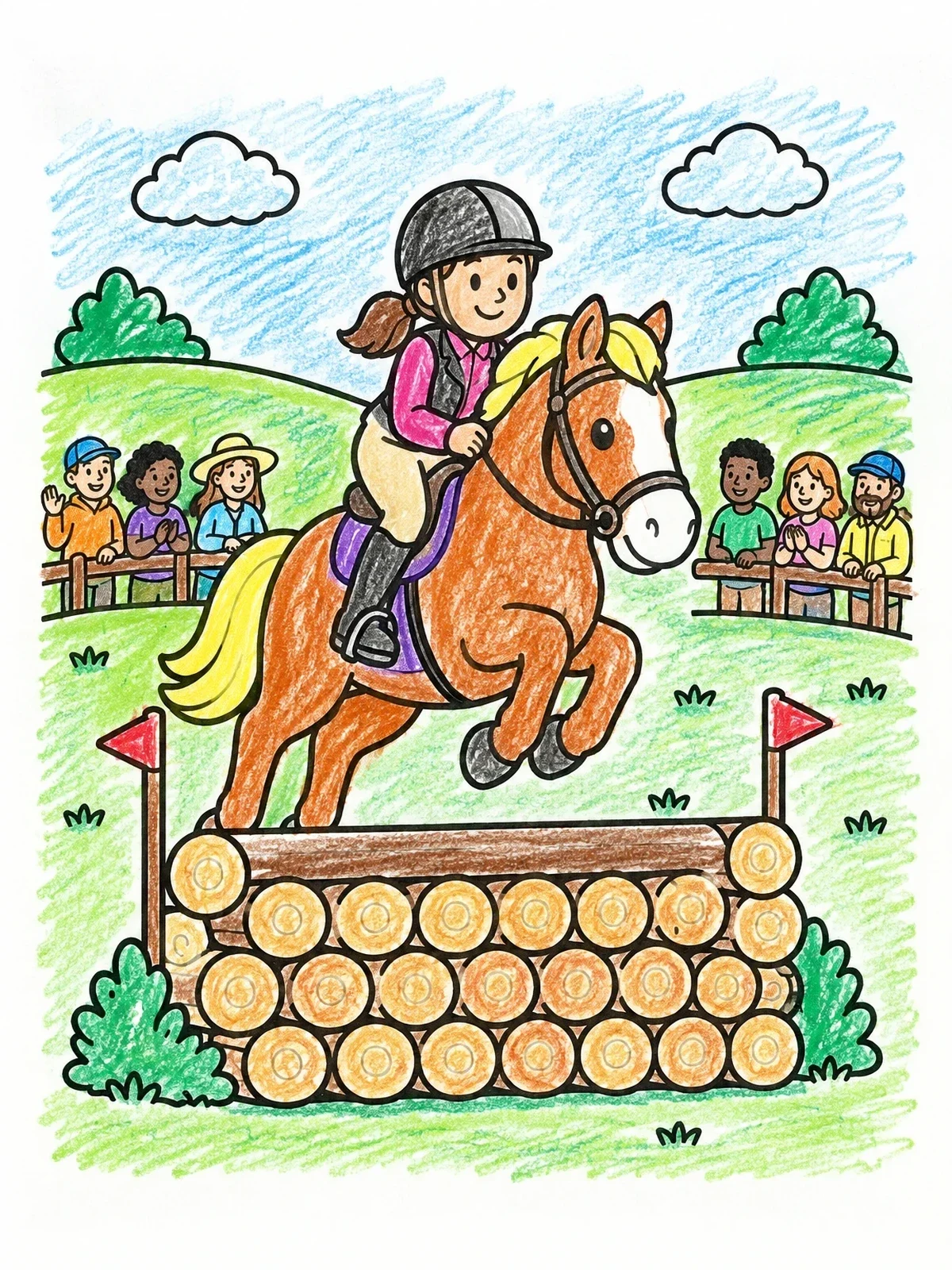Colored example of the Horse Jumping Over A Log Fence coloring page