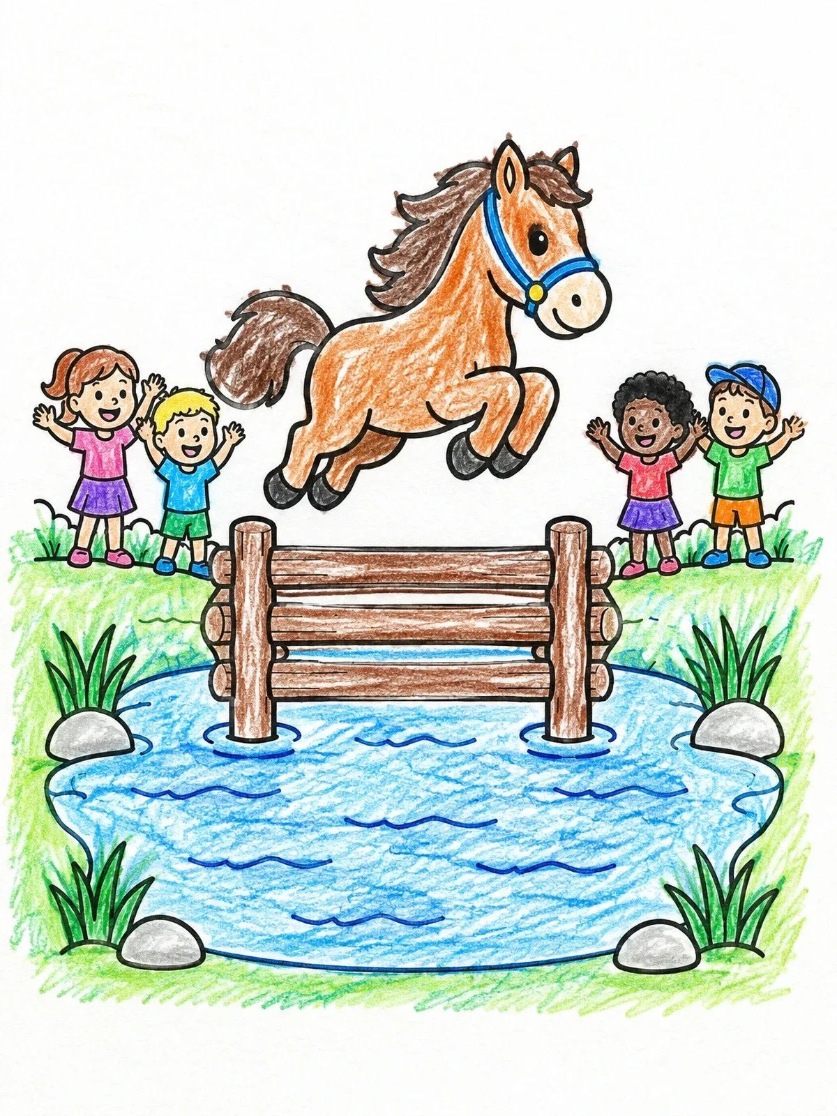 Colored example of the Pony Jumping Over Wooden Fence coloring page