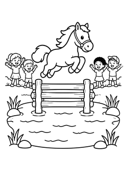 Free printable Pony Jumping Over Wooden Fence coloring page