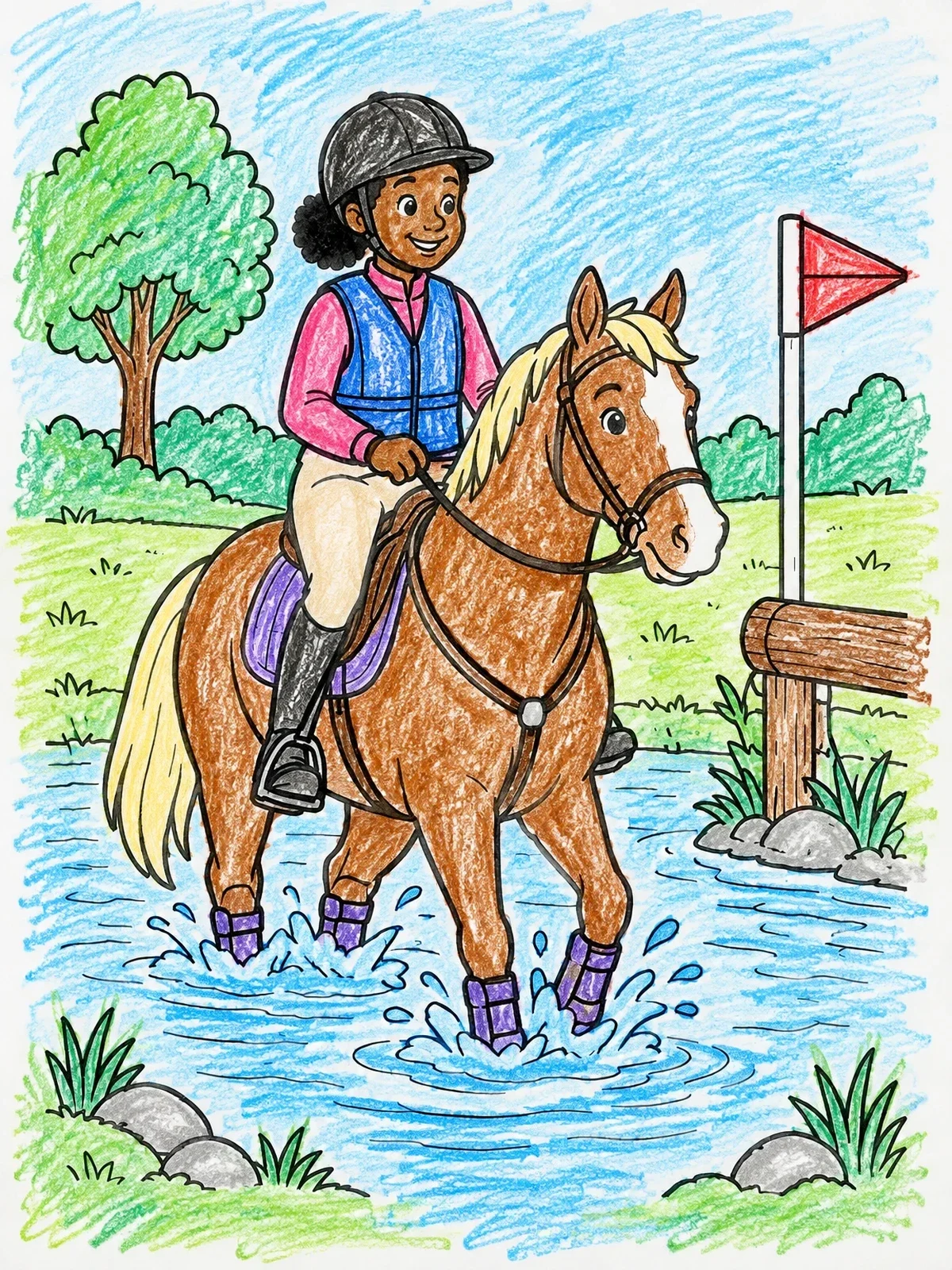 Colored example of the Rider Splashing Through Water Jump coloring page