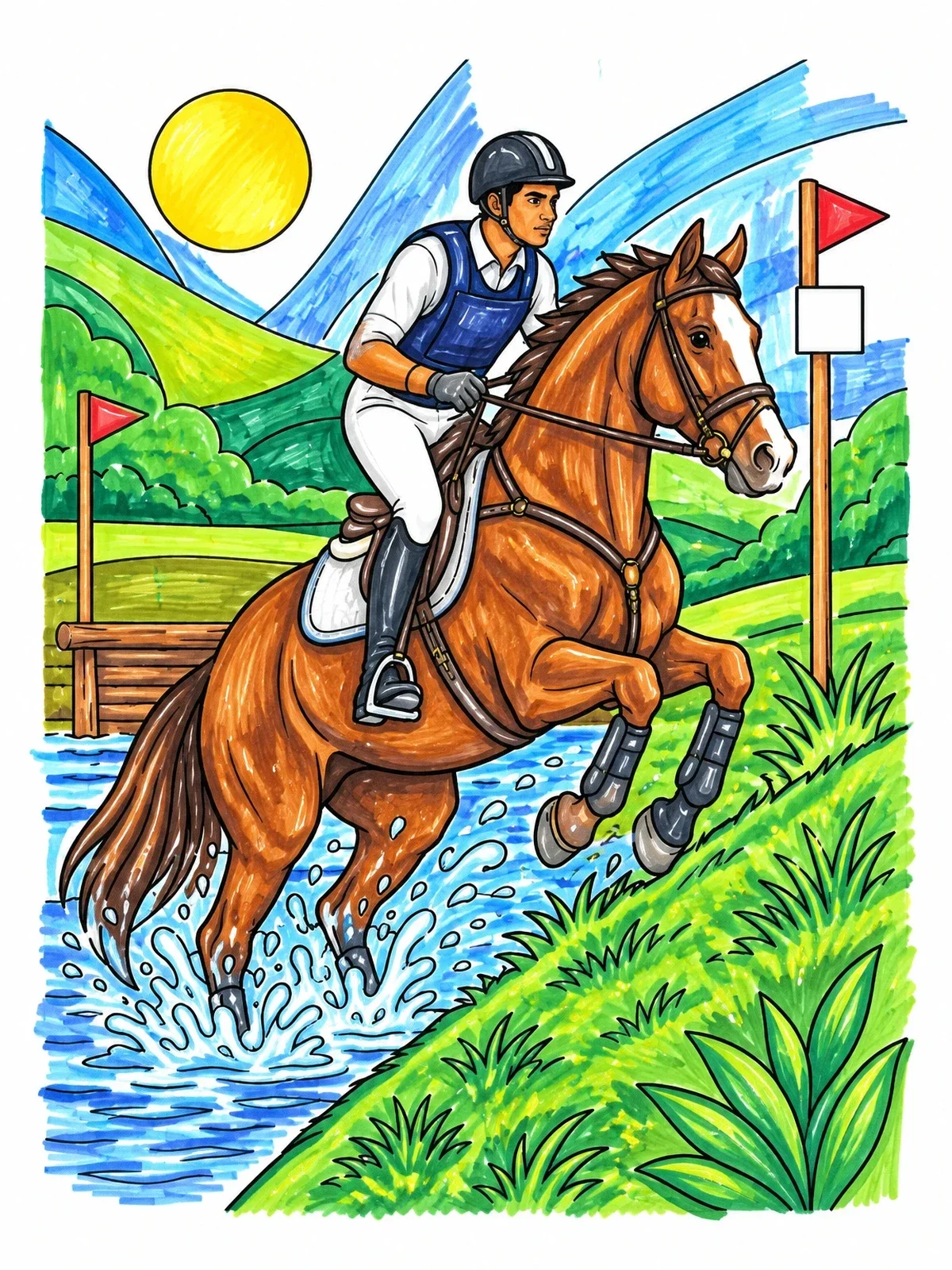 Colored example of the Cross Country Horse Galloping From Water coloring page