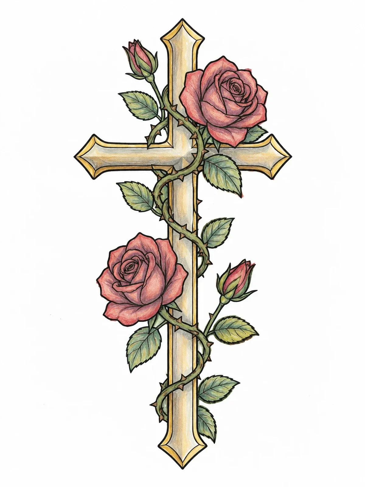 Colored example of the Ornate Cross Entwined With Rose Vines coloring page