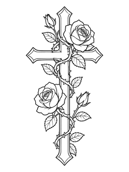 Free printable Ornate Cross Entwined With Rose Vines coloring page