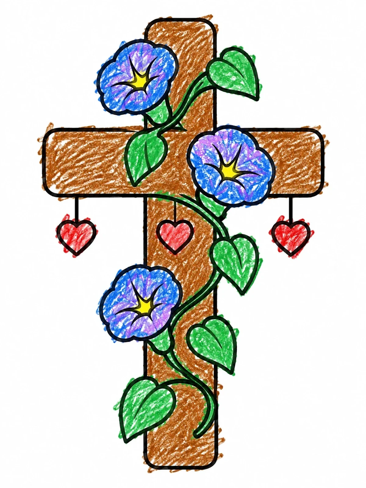 Colored example of the Cross With Morning Glories And Hearts coloring page