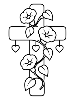 Free printable Cross With Morning Glories And Hearts coloring page