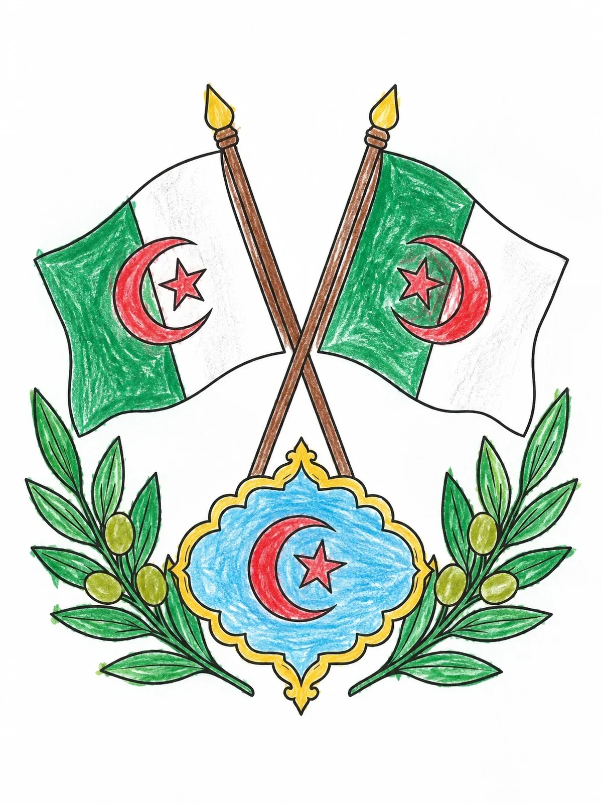 Colored example of the Crossed Algerian Flags And Olive Wreath coloring page
