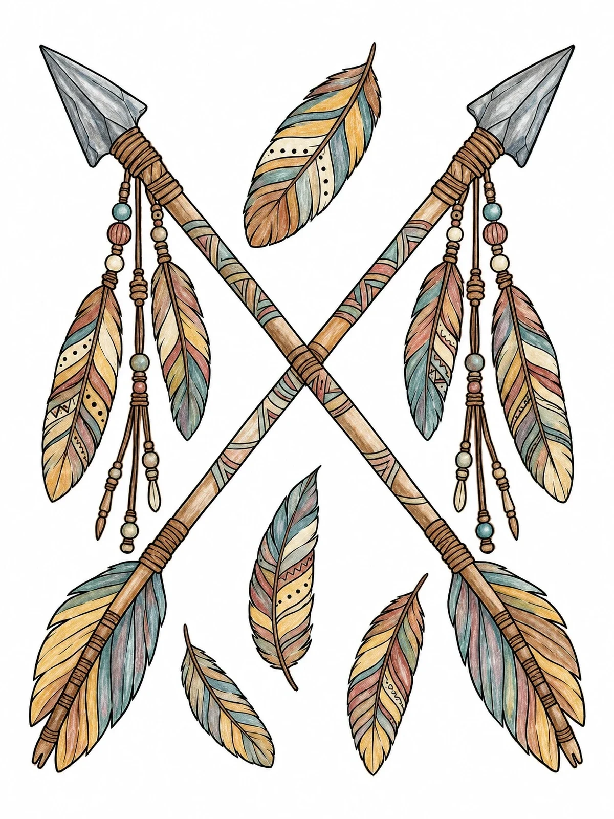 Colored example of the Crossed Arrows And Patterned Feathers coloring page