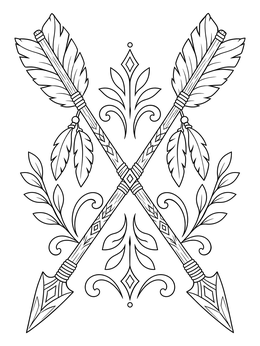 Crossed decorative arrows and foliage on a detailed feather coloring page.