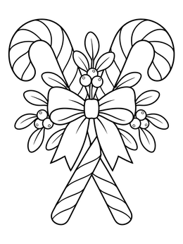 Two crossed candy canes decorated with mistletoe on this candy cane heart coloring page.