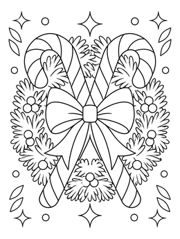 Festive candy cane coloring page with crossed canes, bow, and wreath.