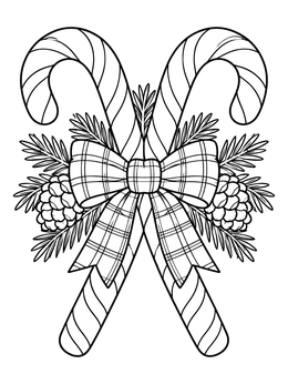 Festive crossed candy cane coloring page with a plaid bow and pine branches.