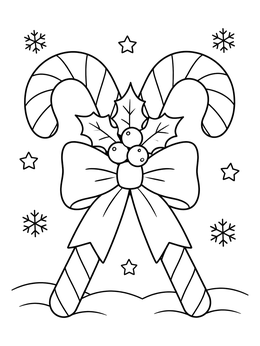 A festive candy cane coloring page featuring crossed canes tied with a big ribbon and holly.