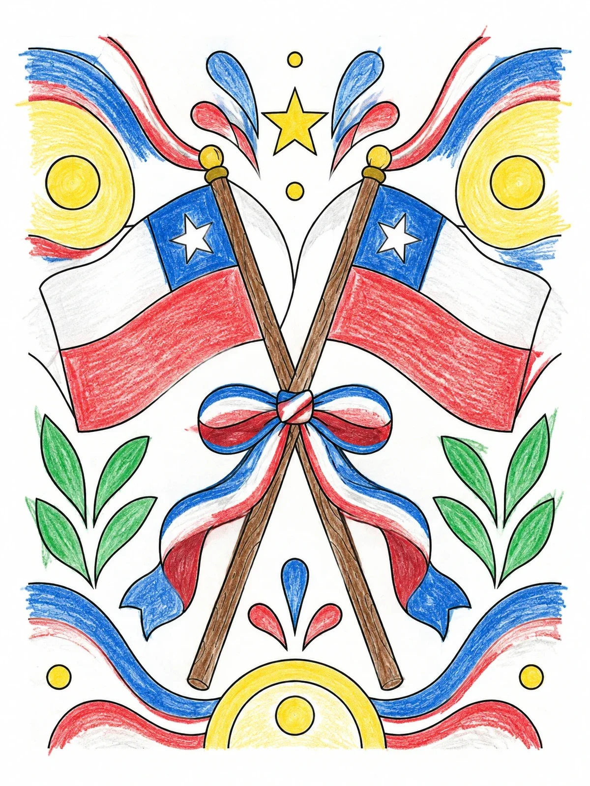 Colored example of the Crossed Chilean Flags With Ribbon coloring page