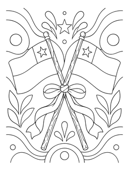 A decorative chile coloring page featuring two crossed flags tied with a flowing bow.