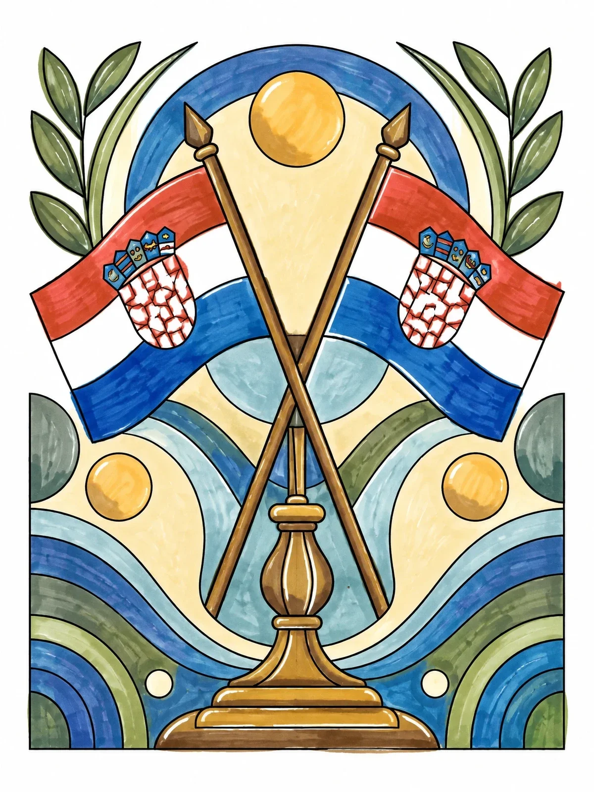 Colored example of the Crossed Croatian Flags With Stand coloring page