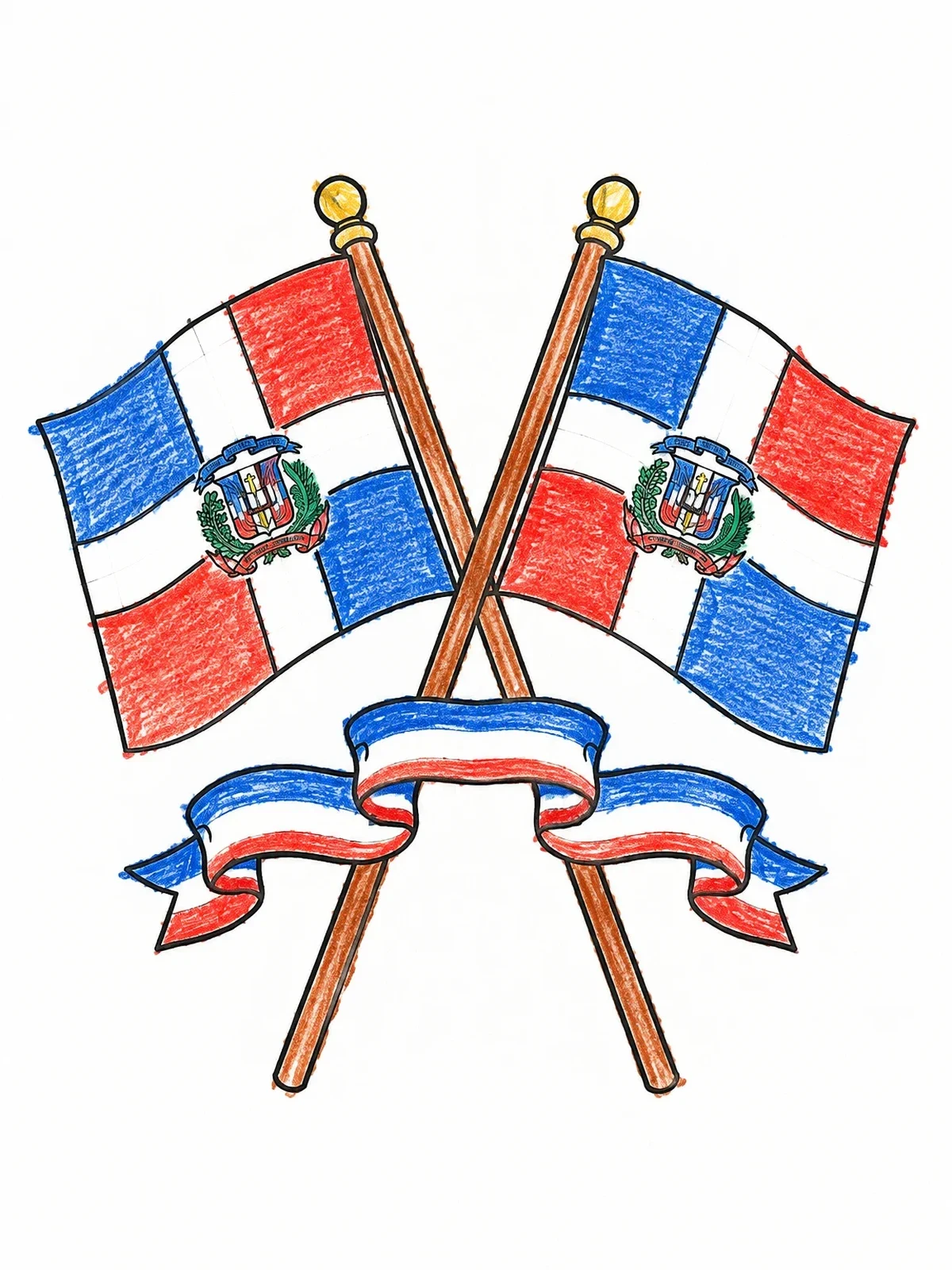Colored example of the Crossed Dominican Republic Flags With Ribbon coloring page