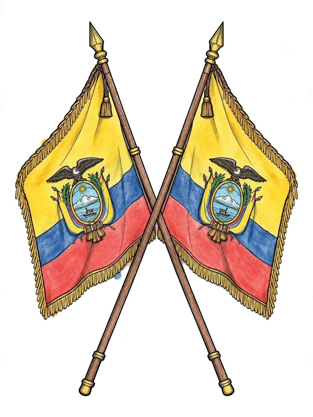 Colored example of the Crossed Ecuadorian Flags With Coat Of Arms coloring page
