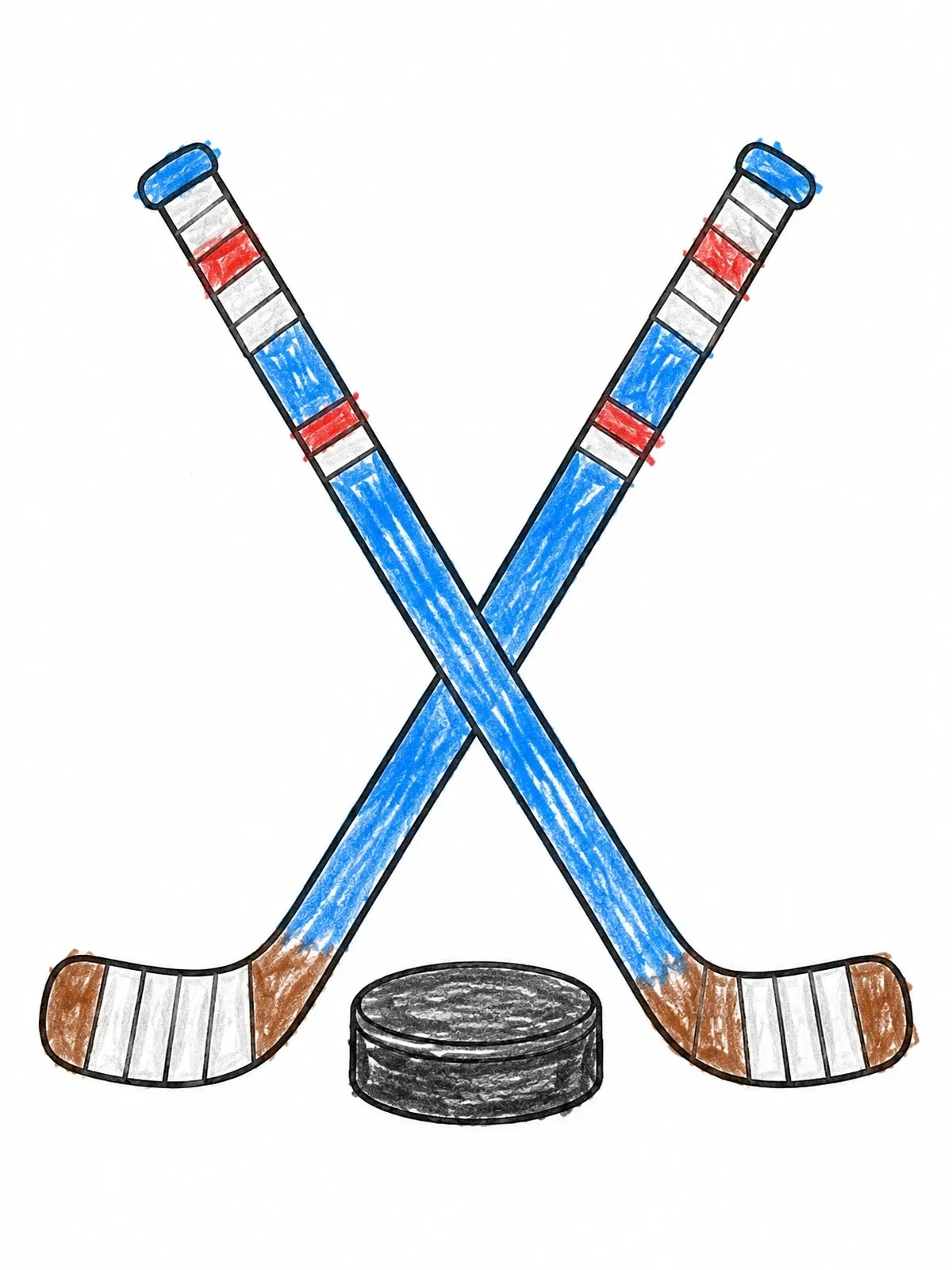 Colored example of the Crossed Hockey Sticks And Puck coloring page