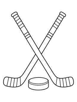 Two crossed hockey sticks and a puck in a simple hockey coloring page.