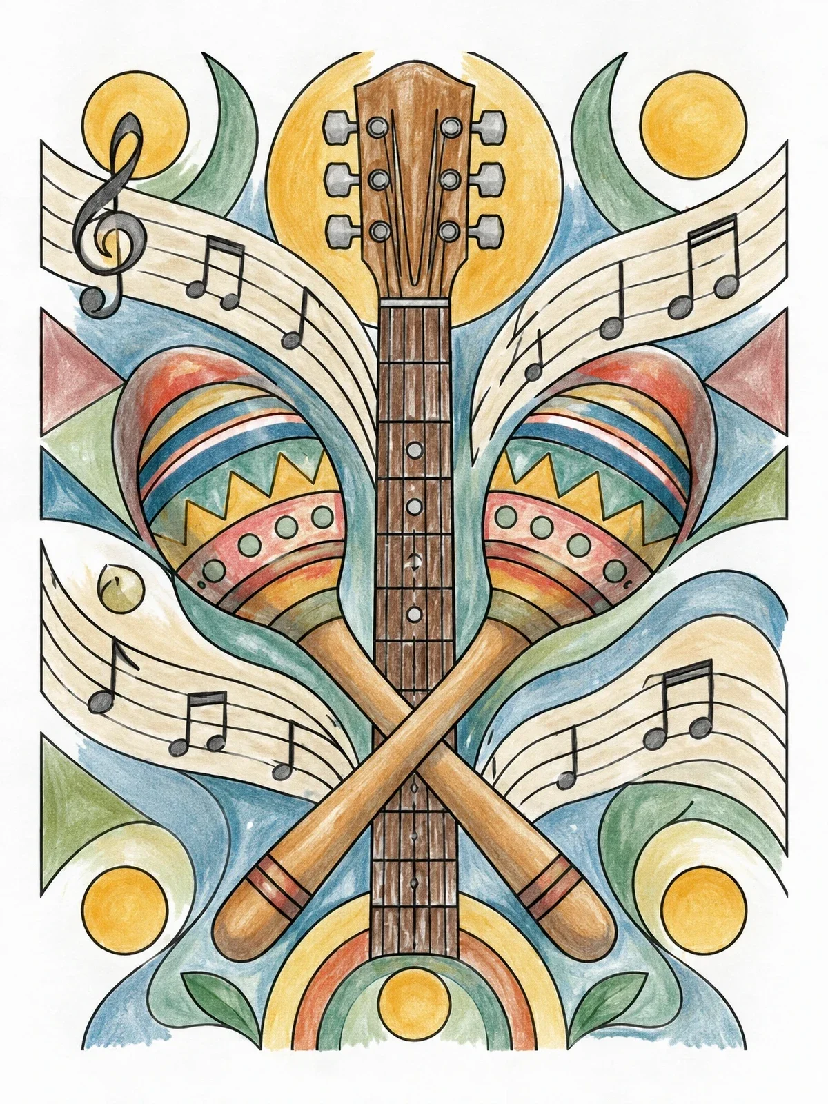 Colored example of the Crossed Maracas And Guitar Neck coloring page
