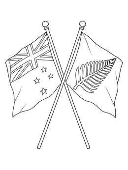 A new zealand coloring page featuring the crossed national flag and silver fern flag.