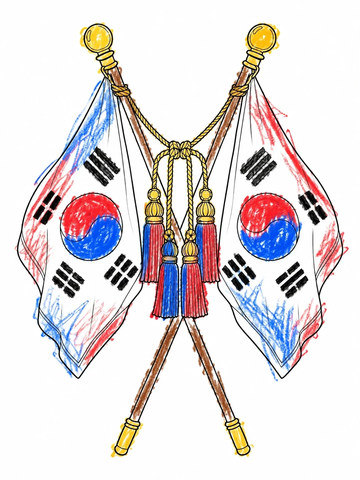 Colored example of the Crossed South Korean Flags With Ceremonial Tassels coloring page