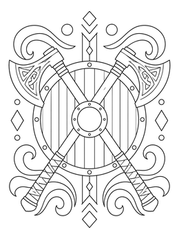 Detailed axe coloring page showing crossed Nordic axes in front of a round shield with decorative swirls.