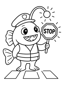 A friendly angler fish coloring page featuring a cute fish crossing guard holding a stop sign.