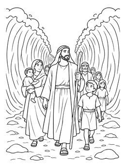 Moses leads his people between towering sea walls in this passover coloring page.