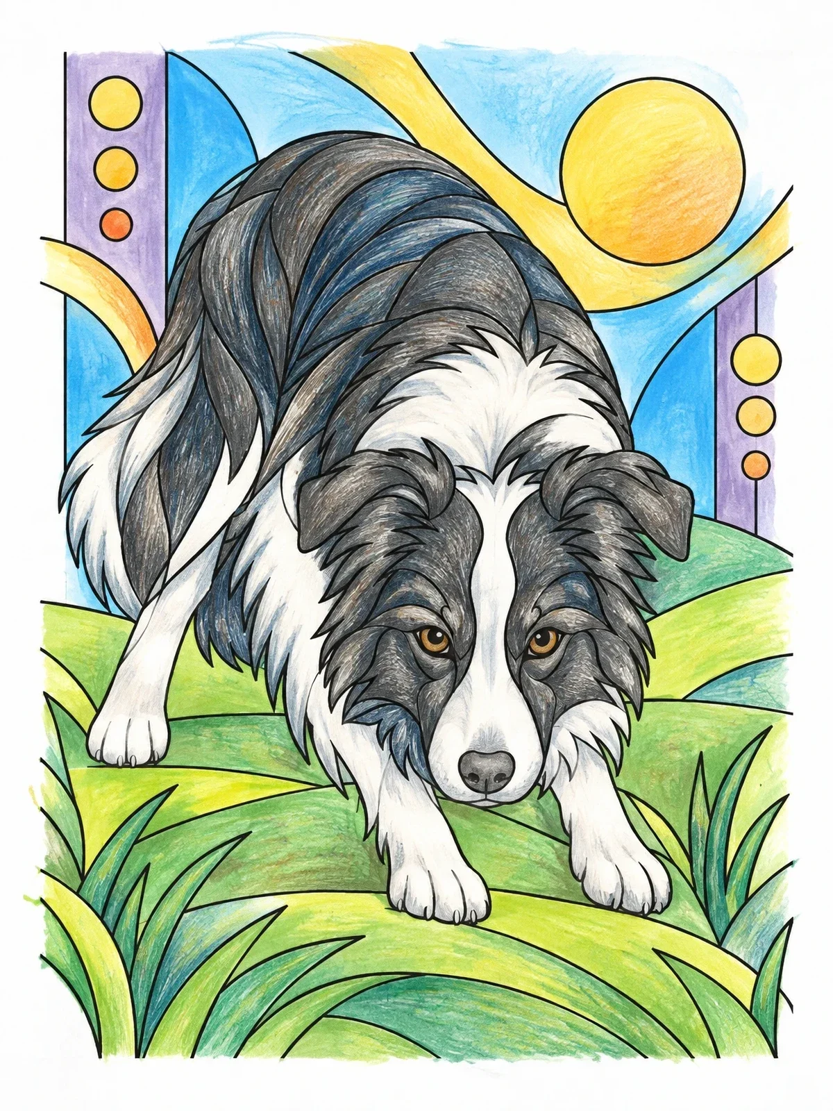 Colored example of the Crouching Border Collie In Motion coloring page