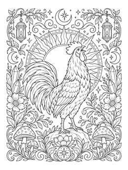 Detailed rooster coloring page surrounded by sun rays, mushrooms, and floral motifs.