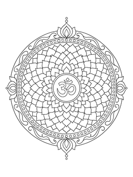 Intricate crown chakra coloring page with layered lotus petals and central Om symbol.