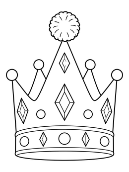 A royal crown-style party hat coloring page topped with a fluffy pom-pom.