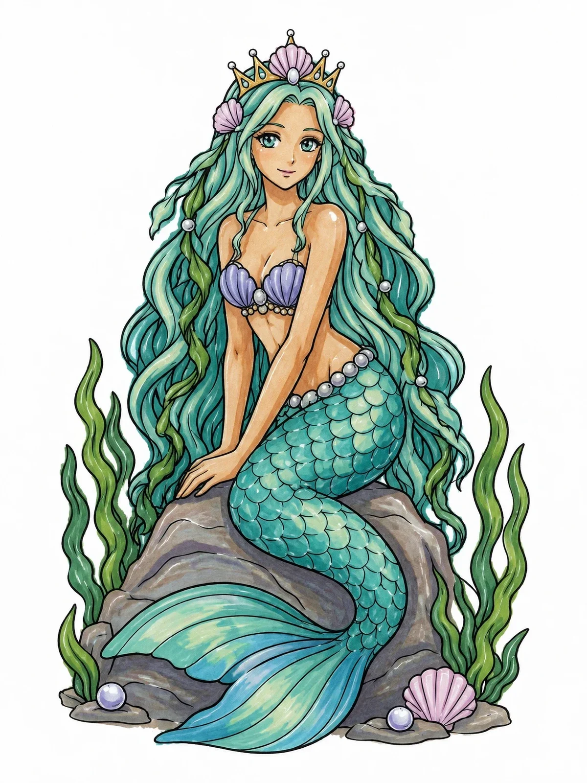 Colored example of the Crowned Anime Mermaid On Rock coloring page