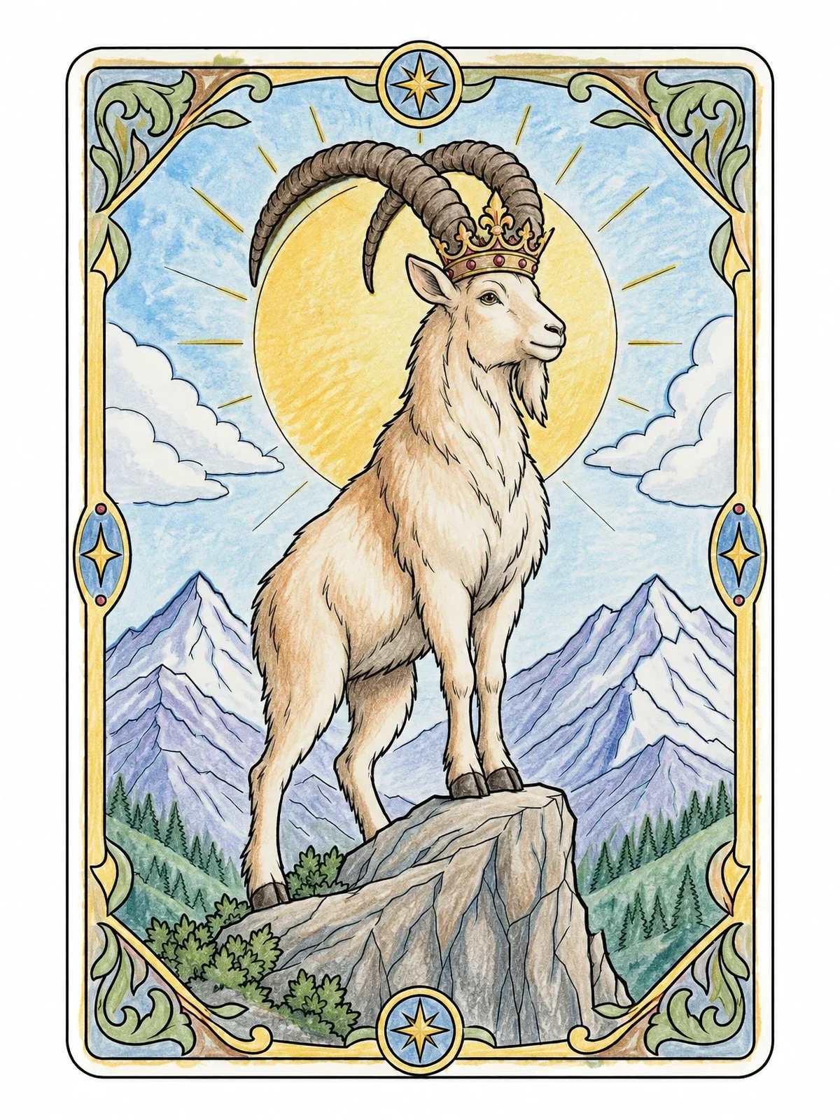Colored example of the Crowned Capricorn On Mountain Peak coloring page