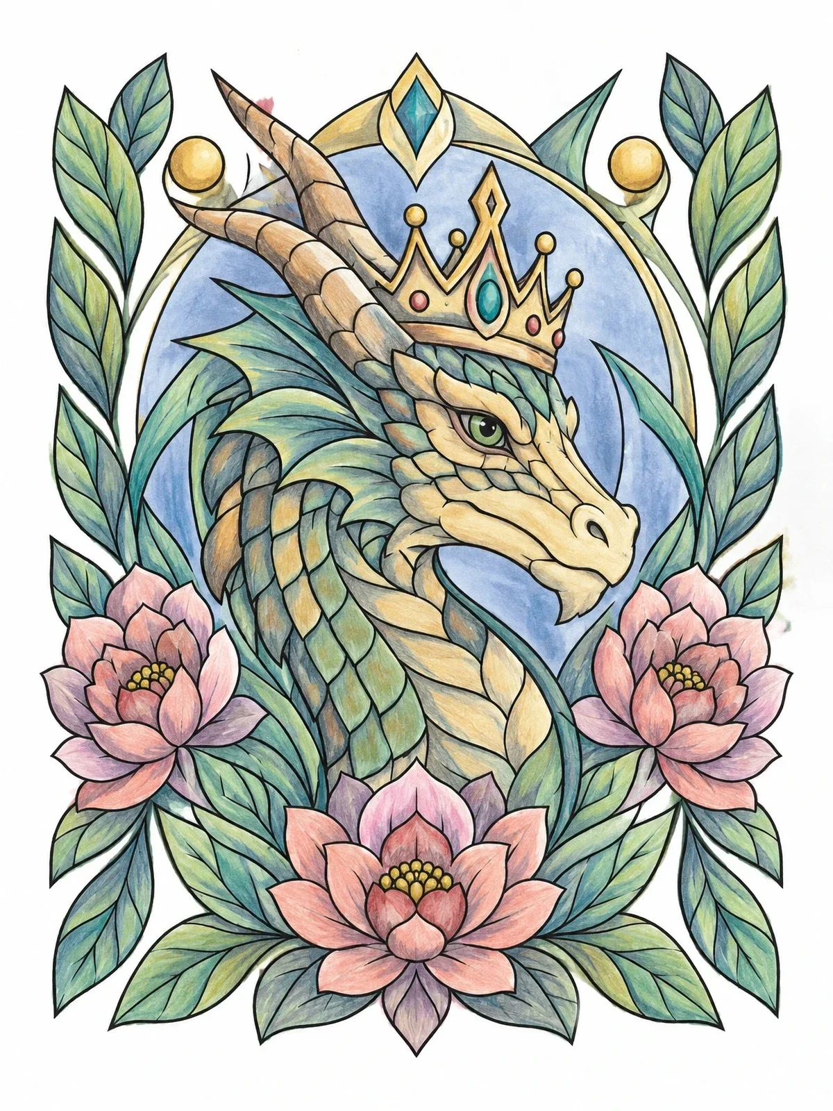 Colored example of the Crowned Dragon With Lotus Flowers coloring page