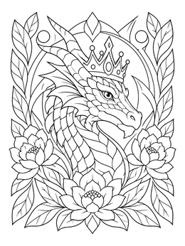 Free printable Crowned Dragon With Lotus Flowers coloring page