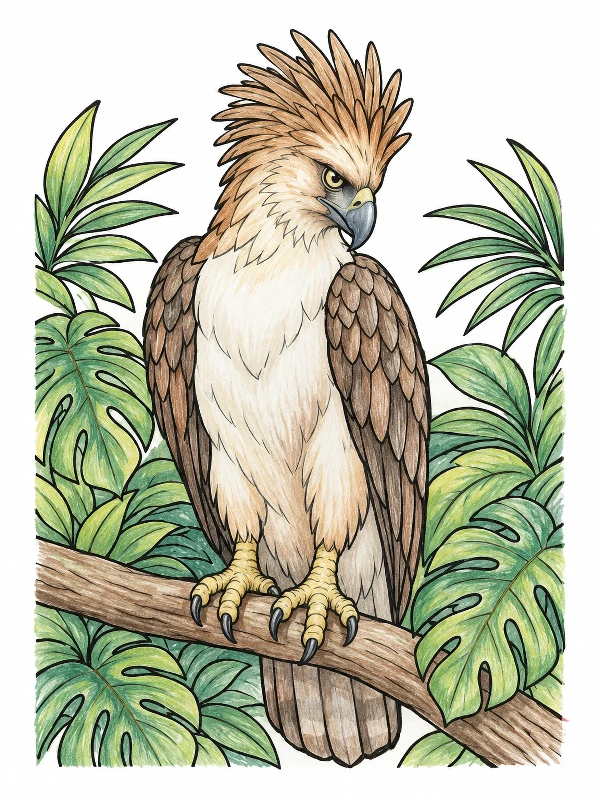 Colored example of the Crowned Eagle Perched In Jungle coloring page