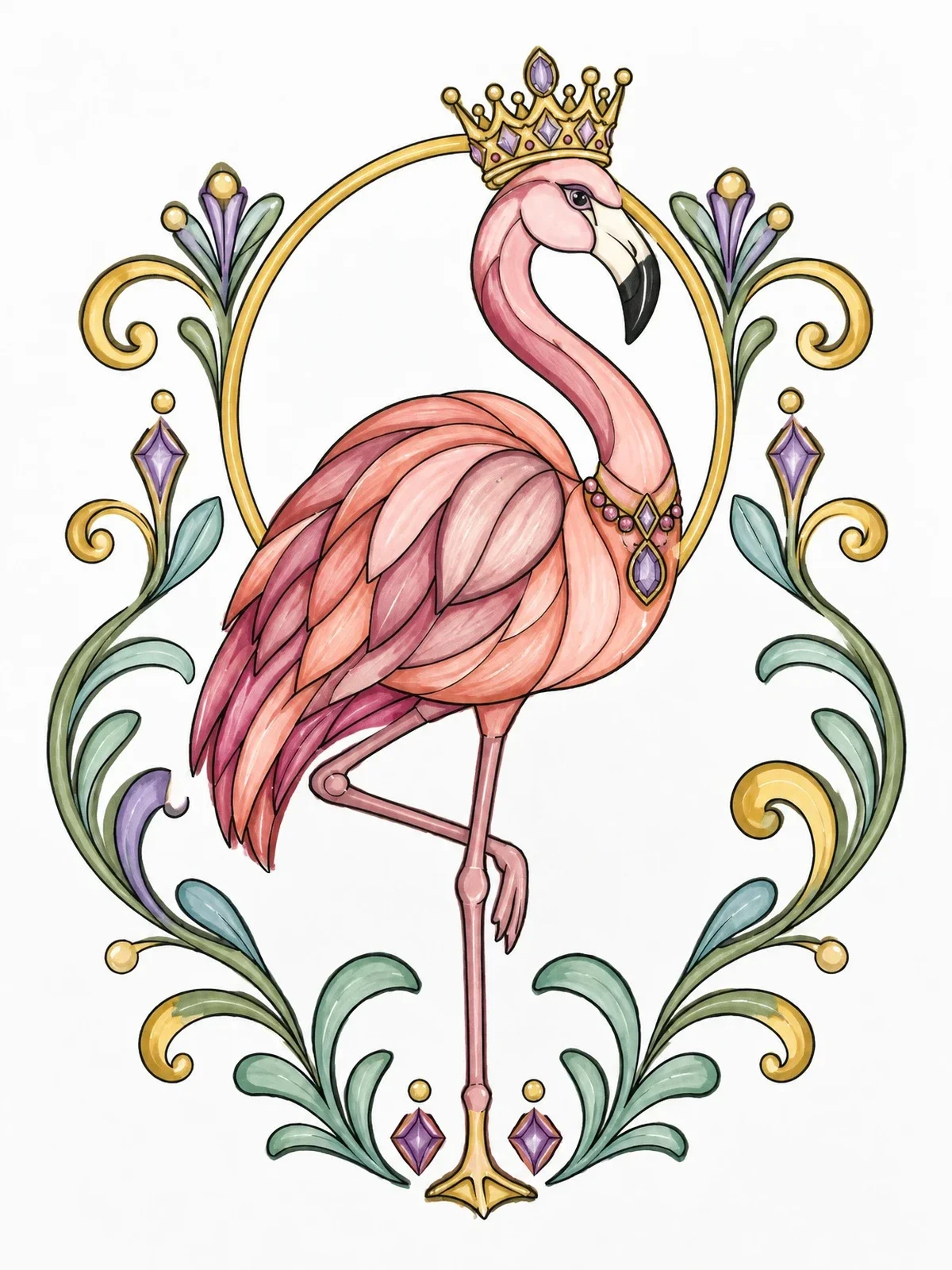 Colored example of the Crowned Flamingo In Ornate Frame coloring page
