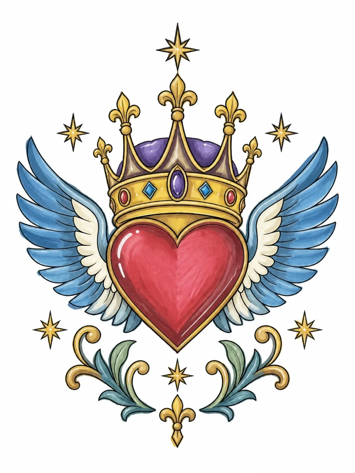 Colored example of the Crowned Heart With Wings And Heraldic Stars coloring page
