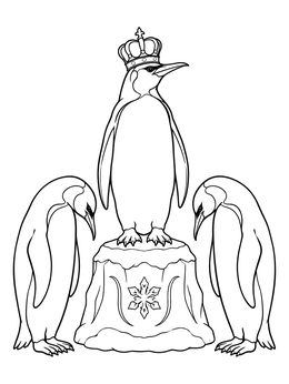 A crowned monarch penguin stands on an icy pedestal in this king penguin coloring page.