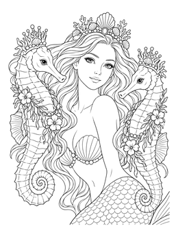 A detailed mermaid coloring page featuring a crowned mermaid surrounded by two elegant seahorses.