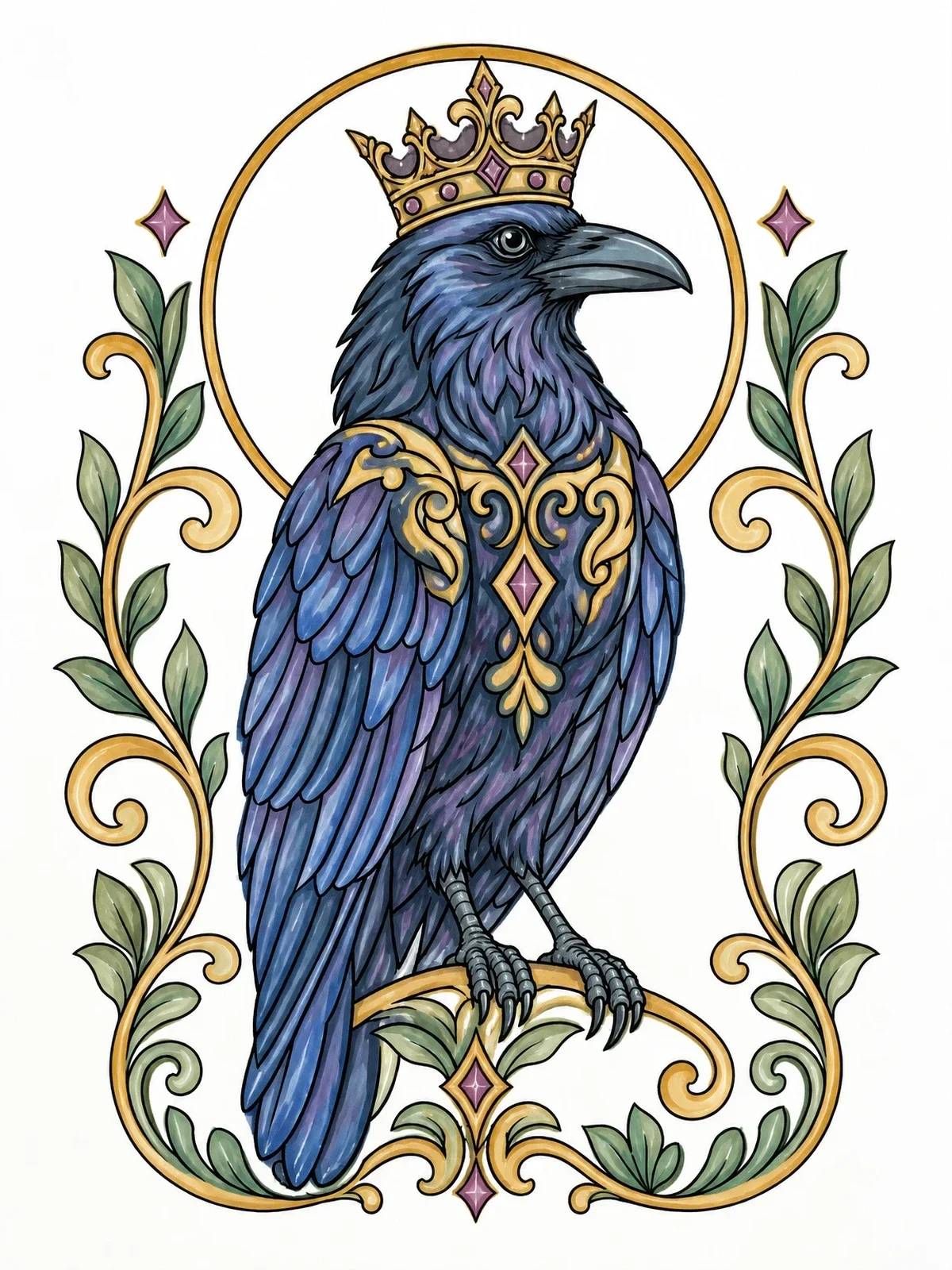 Colored example of the Crowned Raven With Floral Border coloring page
