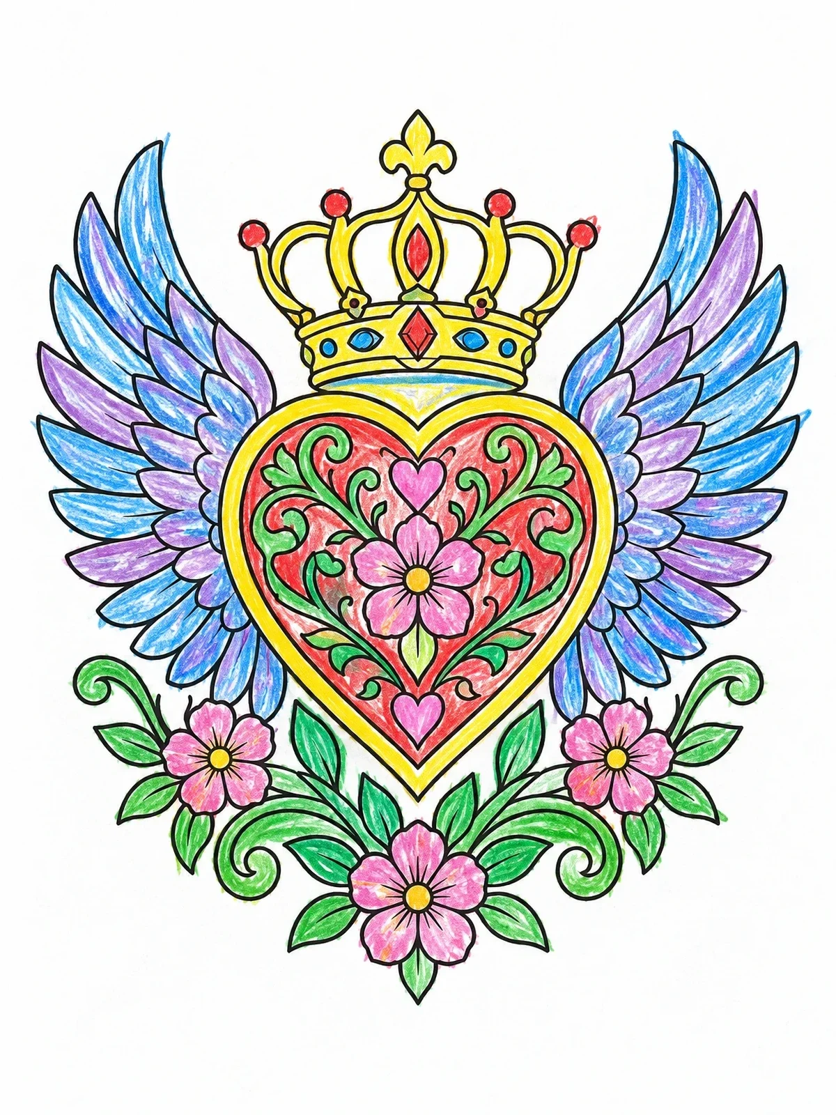 Colored example of the Crowned Winged Heart With Flowers coloring page