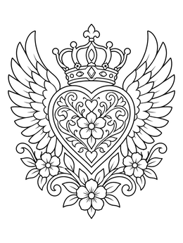 Free printable Crowned Winged Heart With Flowers coloring page